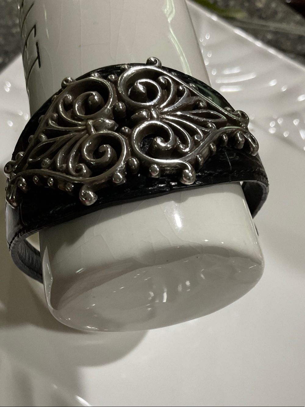 Brighton Black Leather Bracelet with Ornate Silver-Tone Filigree